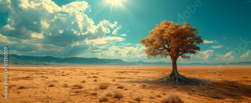 Solitary tree on arid desert landscape under sunny sky