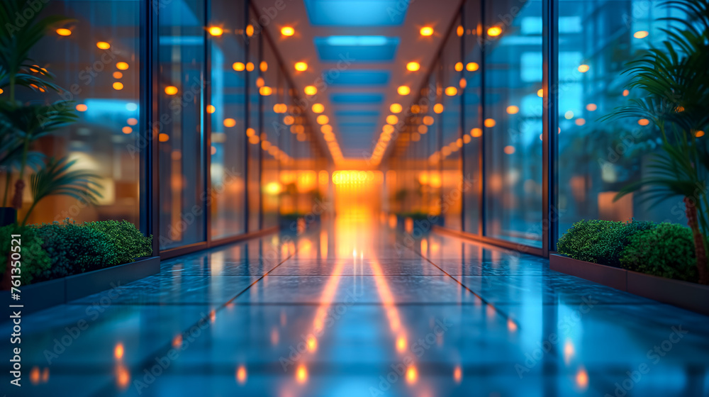 Modern corporate office hallway illuminated with warm lights Modern corporate office hallway illuminated with warm lights