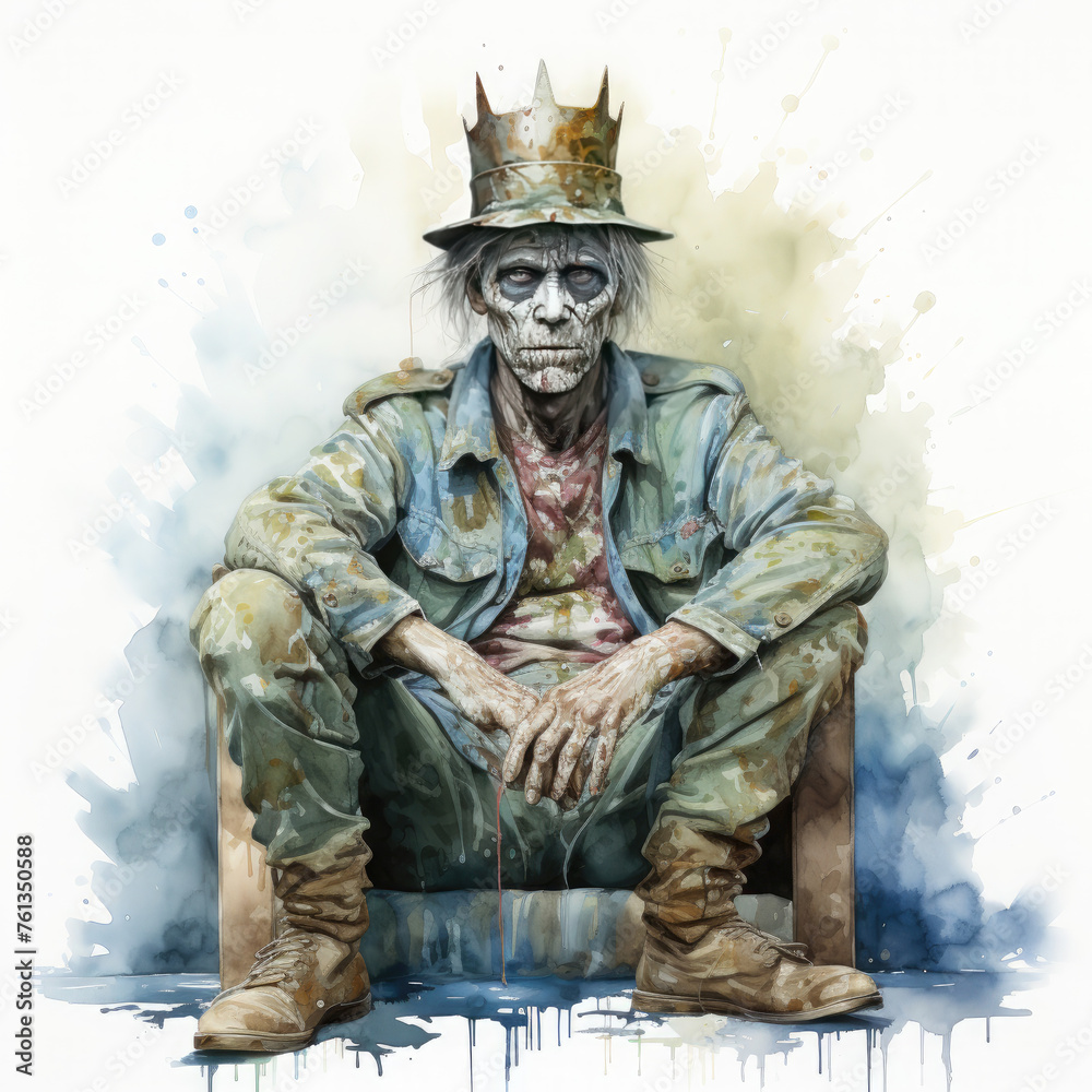 Fototapeta premium Watercolor zombie king sitting, clipart Illustration, Generative Ai