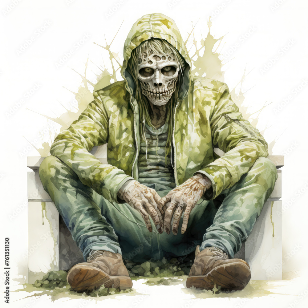 Fototapeta premium Watercolor zombie king sitting, clipart Illustration, Generative Ai