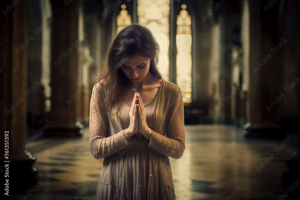 A woman is praying in a church. She is wearing a long dress and is kneeling down. The image has a serene and peaceful mood - obrazy, fototapety, plakaty 