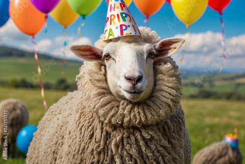 sheep wearing conical birthday hat
