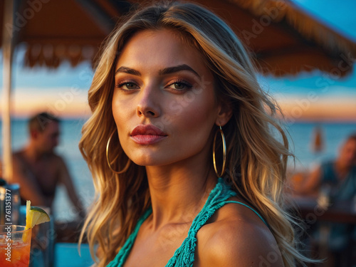 Beautiful girl at the beach bar in the hotel drinks a cocktail © руслан малыш