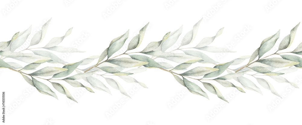 Naklejka premium Green branches with leaves. Hand drawn watercolor seamless border of Twigs. Summer floral banner for wedding design, textiles, wrapping paper, scrapbooking