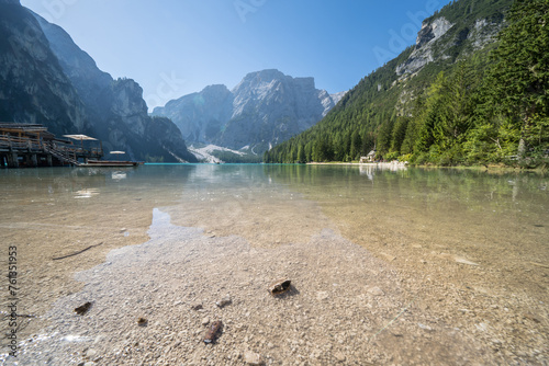 Turquoise lake Braies in the heart of the Dolomites, Italy