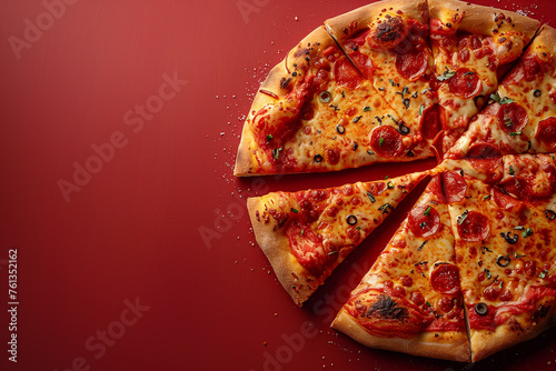 Tasty pizza slices on a red background, top view  © Anna
