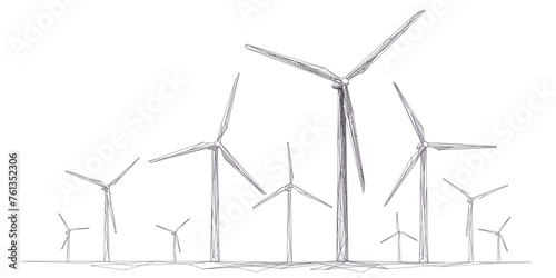 Wind Energy. Wind turbine farm. Sustainable or Green power concept. Polygonal wireframe vector illustration. Windmill in digital low poly sketch style with connected dots, lines on white background. 