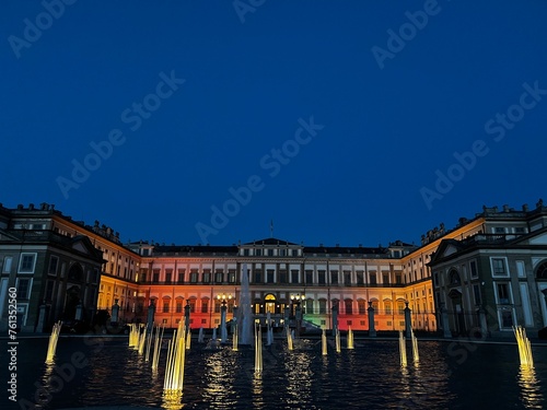 Villa Reale, Monza, Italy. Royal gardens and park of Monza. Palace, neoclassical building. Evening photo of the Villa