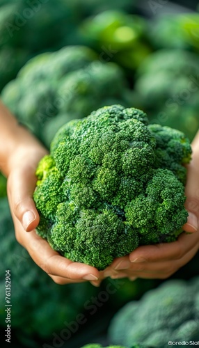 Hand holding broccoli floret, assorted broccoli on blurred background with copy space