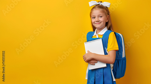 Happy school Girl with backpack and book in hand with Yellow Background, Generative AI