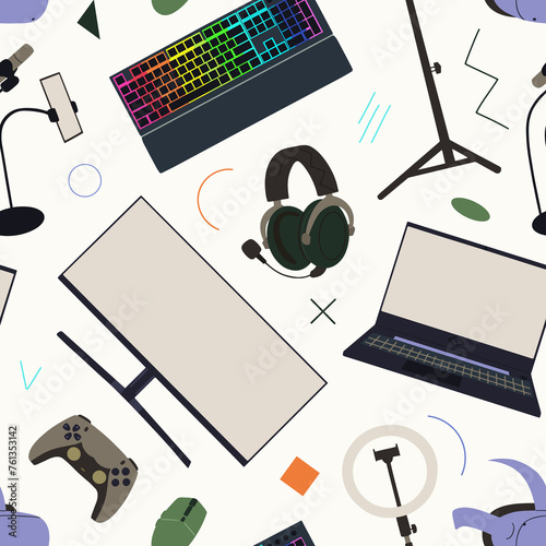 Seamless pattern with game streamer elements. Digital equipment for play or work. Concept cyberspace technology. Pc, monitor, mouse, controller. Professional device set. 
