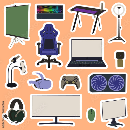 Stickers collection with game streamer elements. Digital equipment for play or work. Concept cyberspace technology. Pc, monitor, mouse, controller. Professional device set. 