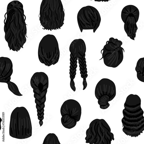 Women hairstyle concept. Seamless pattern with natural wigs and beautiful hairstyles. Back view illustration