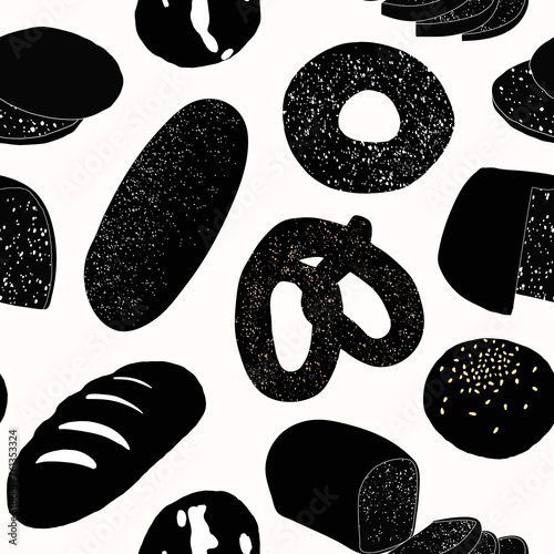 Bakery concept. Seamless pattern with various kinds of bread stuffed. Bread rolls, bagel, bread and pretzel top view. Isolated on white background. 