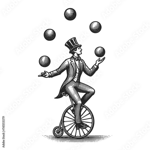 Circus juggler rides a bicycle and juggles balls sketch engraving generative ai fictional character raster illustration. Scratch board imitation. Black and white image.