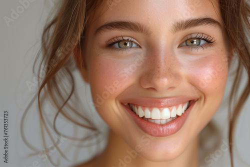 Close up of happy smiling woman with a healthy teeth. Dentist. Isolated on gray background 