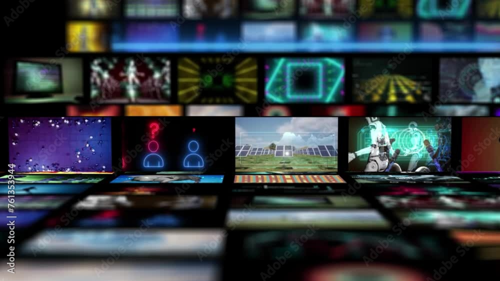 modern futuristic animation with video albums of animations or movies. Ai robotics technology theme