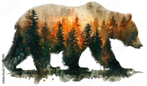 Watercolor Double Exposure of a Brown Bear and Forest, isolated on white . AI generated Illustration.