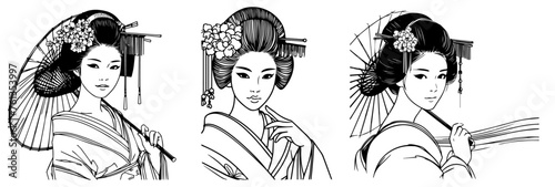 geishas, traditional Japanese elegance, black vector graphic