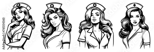 pin-up style girls as nurses, flirtatious portraits, black vector photo