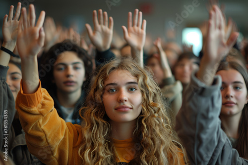 Students in Press Center, boys and girls Hands Raised - Generative Ai