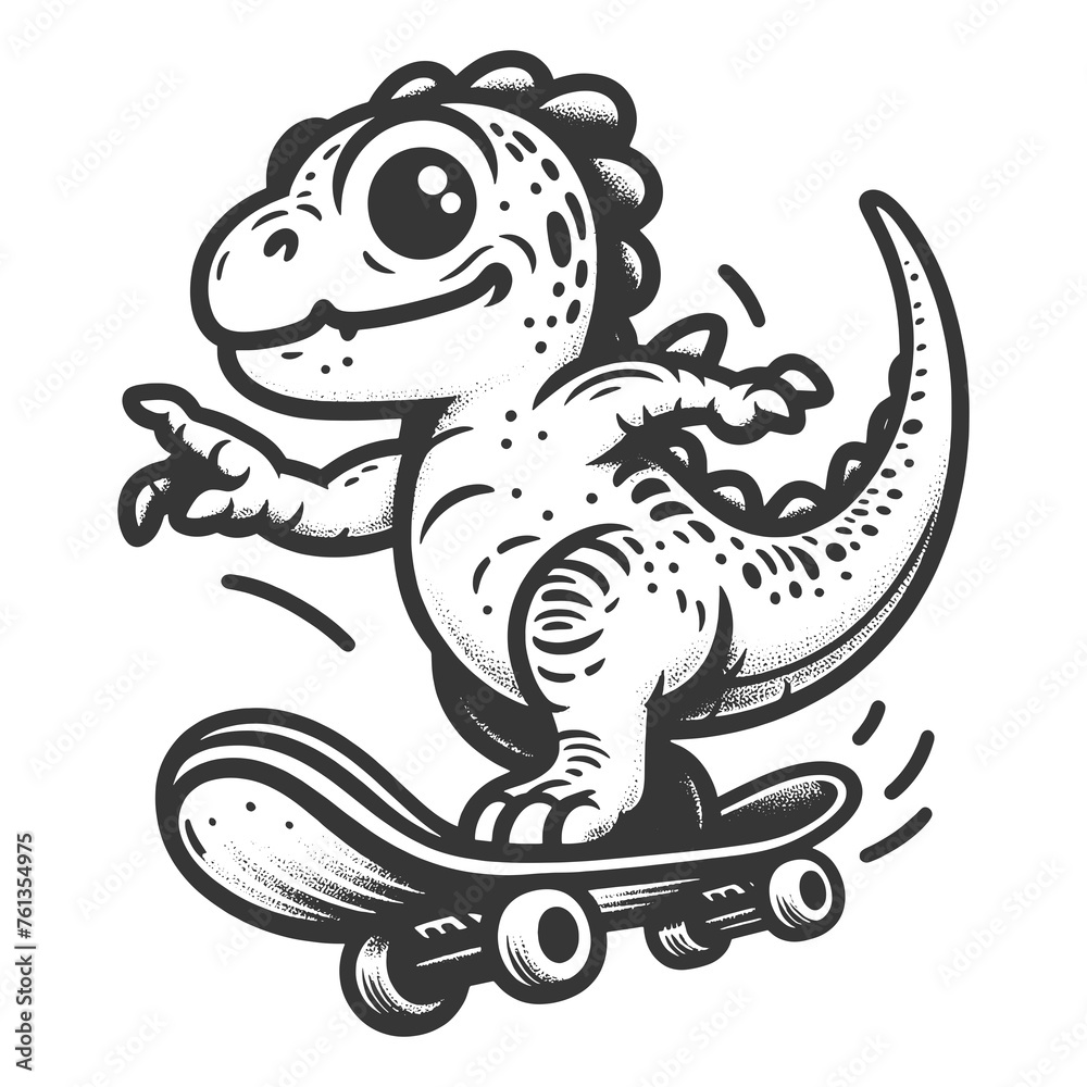 Cartoon dinosaur riding skateboard sketch engraving generative ai raster illustration. Scratch board imitation. Black and white image. Cartoon dinosaur riding skateboard sketch engraving generative ai raster illustration. Scratch board imitation. Black and white image.