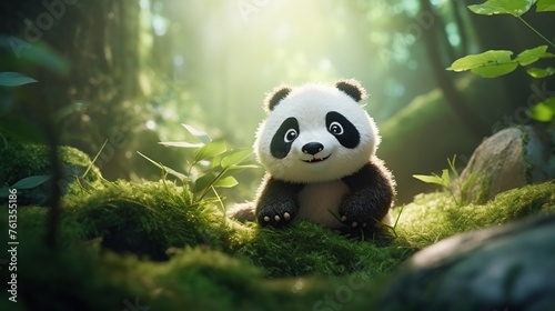 3d illustration of cute panda in the grass photo