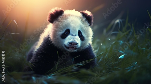 3d illustration of cute panda in the grass photo
