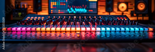  Colourful Audio Spectrum Display over Sound Mixer, Music equipment etnetrainment audio dj mixer photo 