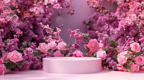 Podium background flower rose product pink 3d spring table beauty stand display nature white. Garden rose floral summer background podium cosmetic valentine easter field scene gift purple day romantic