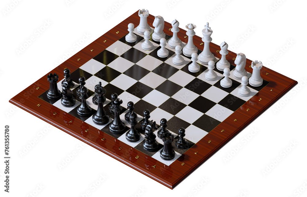Chess. Black and white finuras on a chessboard in the starting position. Isometrics. Transparent background. Isolated. 3D Render. Chess. Black and white finuras on a chessboard in the starting position. Isometrics. Transparent background. Isolated. 3D Render.