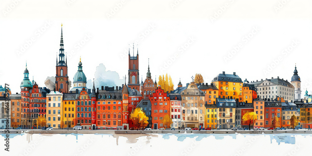 a town side by a river, illustration in full color - obrazy, fototapety, plakaty 