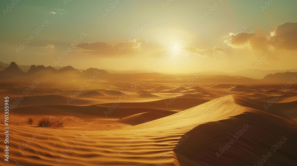 Desert landscape with sand dunes, sultry sun. Extreme adventure concept. Generative AI Desert landscape with sand dunes, sultry sun. Extreme adventure concept. Generative AI
