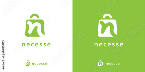 N and shopping bag symbol on a green background for online shop business with fresh products.  photo