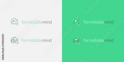 FM logo design with symbols for brain, network, connection, letters F and M