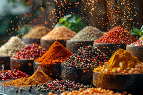 A culinary competition challenging chefs to create innovative dishes using a mystery box of diverse and exotic spices. Concept of spice-inspired culinary challenges. Generative Ai.