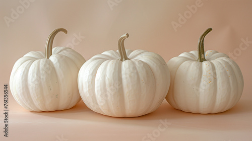Row of three orange pumpkin isolated on pale pastel pink white background, side view. Thanksgiving or Halloween food banner with lots of copy space.