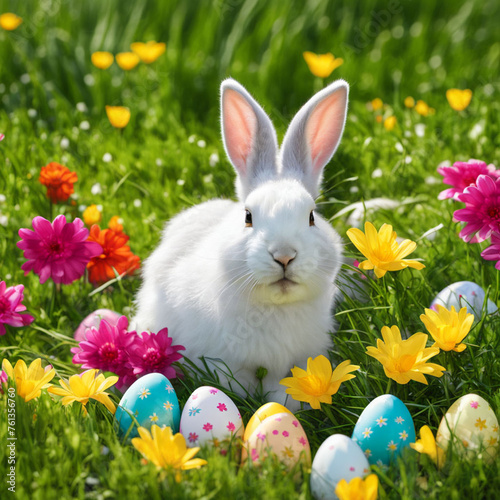 bunny and easter eggs in the meadow with flowers © bvbflo1