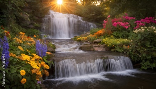 A cascading waterfall surrounded by colorful foliage and flowers, with the golden light of sunset illuminating the scene.