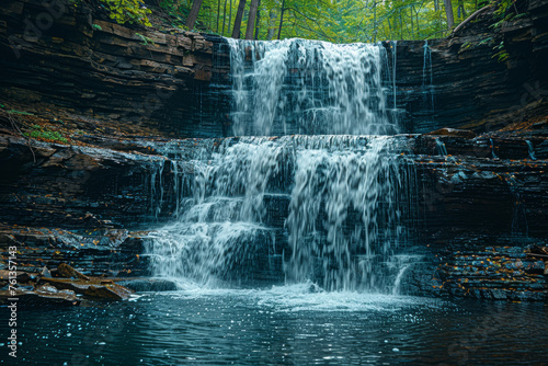 A cascading waterfall nestled within a rocky gorge  creating a mesmerizing spectacle of nature s raw power. Concept of dynamic water features. Generative Ai.