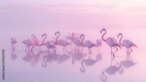 Flock of pink flamingos in misty waters at dawn, Concept of peaceful wildlife and nature's beauty.