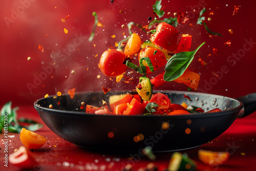 Fresh colored vegetables are flying from the frying pan. Red studio background