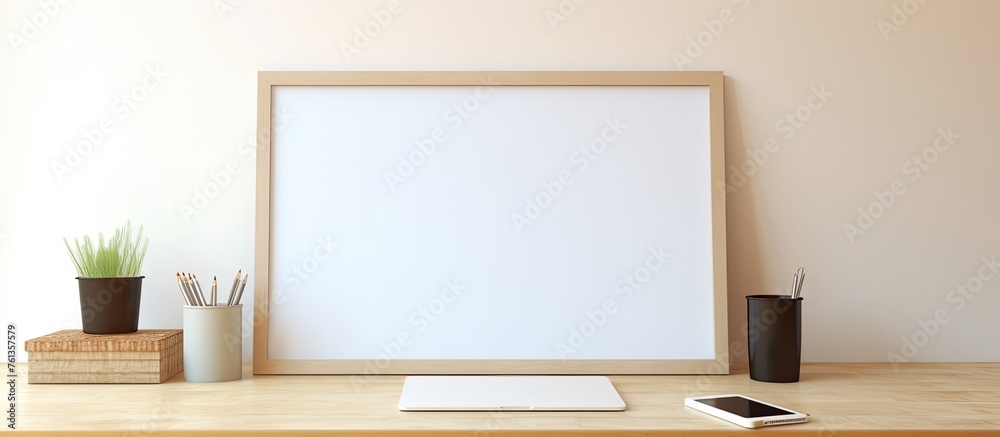 A white rectangular whiteboard is placed on a wooden desk alongside a laptop, cell phone, and other electronic devices. It serves as a computer monitor accessory for the display device on the desk A white rectangular whiteboard is placed on a wooden desk alongside a laptop, cell phone, and other electronic devices. It serves as a computer monitor accessory for the display device on the desk
