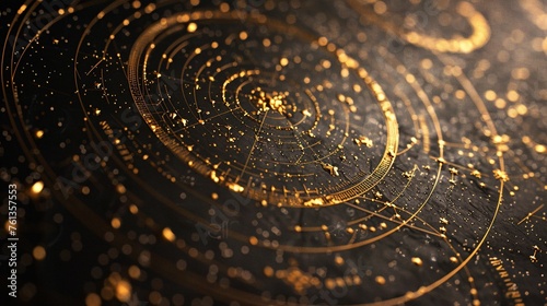 the rich black soft paper with a night sky that shows the location of celestial bodies in very minimalistic style, the map consists of various zodiac golden constellations
