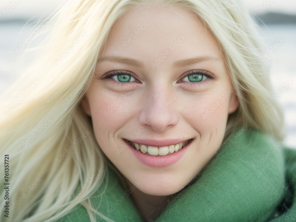 Portrait of a beautiful young woman with green eyes and blonde hair in winter clothing Portrait of a beautiful young woman with green eyes and blonde hair in winter clothing