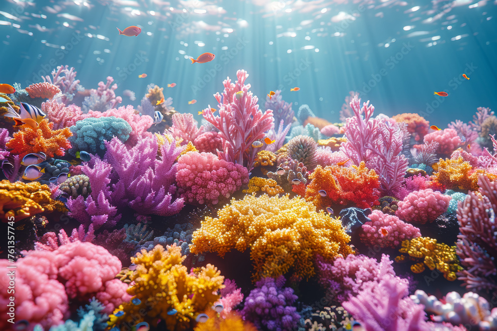 A coral reef bustling with vibrant marine life, emphasizing the delicate balance and biodiversity of underwater ecosystems. Concept of vibrant coral reefs. Generative Ai.