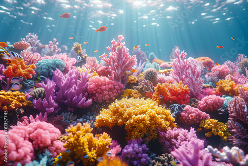 A coral reef bustling with vibrant marine life, emphasizing the delicate balance and biodiversity of underwater ecosystems. Concept of vibrant coral reefs. Generative Ai.