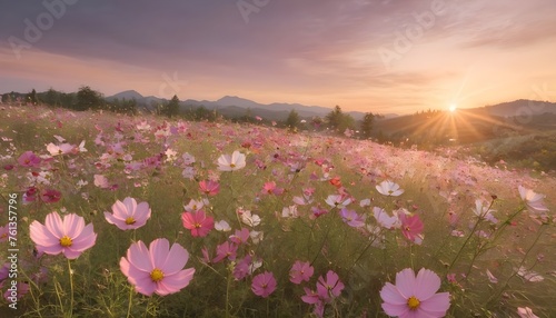 A field of vibrant cosmos flowers swaying gently in the evening breeze, their pastel colors blending with the warm tones of the setting sun. © Muhammad