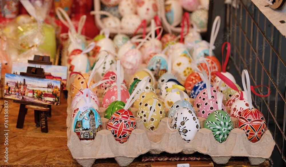 Beautiful colorful decor for Easter. Traditional Easter painted colorful eggs are sold at market in Prague, Czech Republic