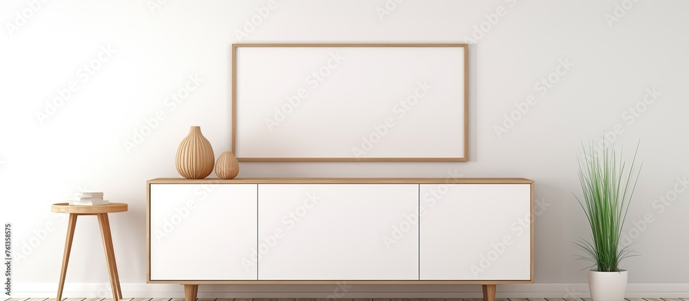 A rectangular picture frame hangs above the chest of drawers. The frame is mounted on the wall, adding a touch of decoration to the cabinetry and hardwood flooring